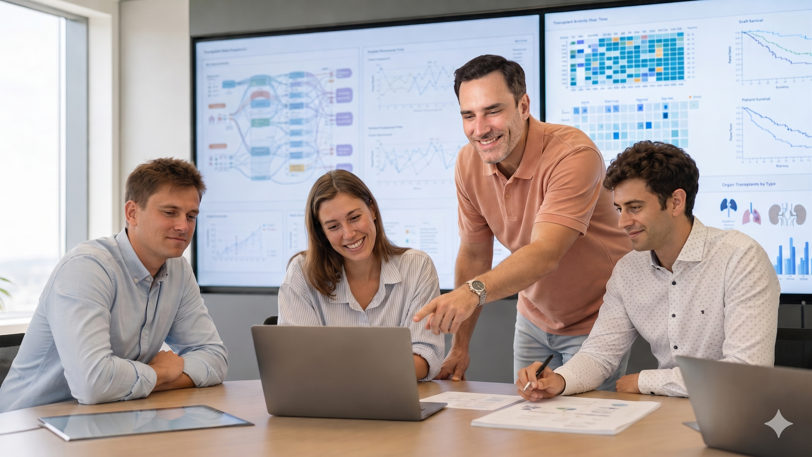 Researchers collaborating around transplant data visualizations